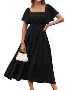 lot 2385 image: GRACE KARIN Womens Summer Casual Short Ruffle Sleeve Square Neck Smocked Waist Tiered Flowy Maxi Dress Black S - Retail $1,207