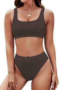 lot 2387 image: Pink Queen 2 Piece Swimsuit for Women Scoop Neck Crop Tank Top High Waisted Bikini Bottom Bathing Suit Dark Brown S - Retail $35