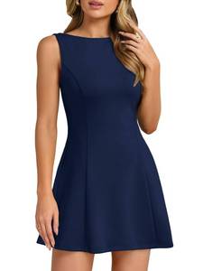 lot 2388 image: LILLUSORY Womens A-Line Flowy Mini Dress Summer 2025 Boat Neck Going Out Party Club Vacation Sleeveless Tank Graduation Dresses Short Work Outfits Clothes Navy XL - Retail $25