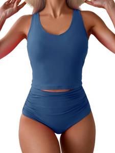 lot 2390 image: Eomenie Two Piece Tankini Swimsuit for Women Tummy Control Bathing Suits Cutout Back Swim Tank Top with High Waisted Bottom Denim Blue S - Retail $39