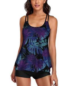 lot 2392 image: Urchics Womens 2025 Tankini Swimsuits Tummy Control Flowy Swimwear Two Piece Bathing Suits Swim Tank Top with Boyshorts Z-Purple Blue Leaves M - Retail $27