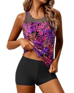 lot 2397 image: Yonique Tankini Swimsuits for Women with Shorts Athletic Two Piece Bathing Suits Racerback Tank Tops Swimwear Purple Pink Leaves L - Retail $33