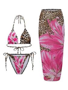 lot 2399 image: BEAUDRM Womens 3 Piece Leopard Floral Bikini Sets Cheetah Halter Triangle Tie Back Swimsuit with Cover Up Skirt Multicolor Medium - Retail $28