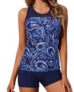 lot 2403 image: Yonique Tankini Swimsuits for Women with Shorts Athletic Two Piece Bathing Suits Racerback Tank Tops Swimwear Dark Blue Paisley XS - Retail $27