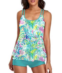 lot 2406 image: Urchics Womens 2025 Tankini Swimsuits Tummy Control Flowy Swimwear Two Piece Bathing Suits Swim Tank Top with Boyshorts Mint Green L - Retail $20