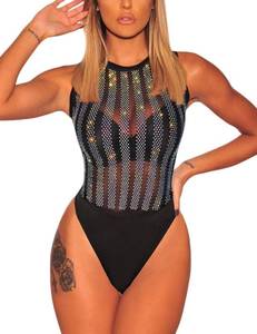 lot 2417 image: SEBOWEL Women Sleeveless Bodysuit Studded Mesh See Through Jumpsuits Rompers Top, Black, S - Retail $29