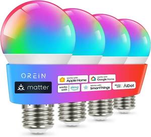 lot 2427 image: OREiN Matter Smart Light Bulb, Smart Light Bulbs Work with Apple Home, Alexa, Google Home, SmartThings, A19 Color Changing Light Bulbs 2.4Ghz WiFi, 800 Lumens Equivalent 60W 4Pack - Retail $22