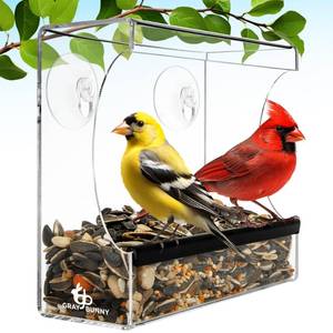 lot 2436 image: Clear Window Bird Feeder - Premium Bird Feeder for Outdoors with Strong Suction Cups with Drain Holes and Large Seed Capacity - Retail $10