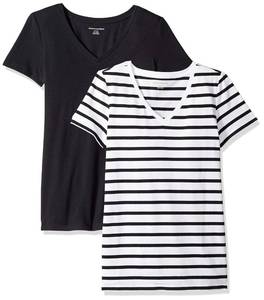 lot 2449 image: Amazon Essentials Womens Regular-Fit Short-Sleeve V-Neck T-Shirt, Pack of 2, BlackWhite Stripe, Large - Retail $13
