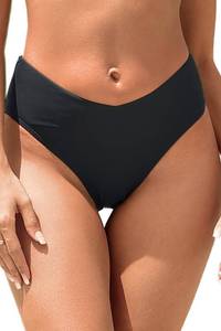 lot 2484 image: Zmart Women V Cut Cheeky Bikini Bottoms - Mid Waist High Cut Swim Bathing Suit Bottoms V Front Swimsuit Black S - Retail $15