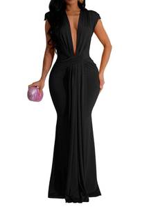 lot 2495 image: Memoriesea Womens Elegant Sleeveless Deep V Neck Bodycon Party Evening Gown Maxi Dress Black XL - Retail $46