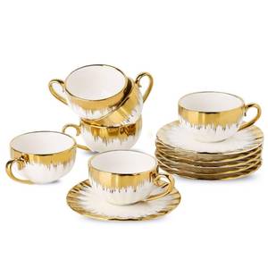 lot 5017 image: LETAOTAO Espresso Cups and Saucers, 2.5 oz Porcelain Espresso Cups Set of 6, Ceramic Coffee Cups with Gold Trim, Espresso Mugs, Mini Demitasse Cups with Handle for Single Espresso, White - Retail $32