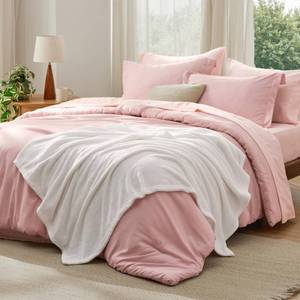 lot 5018 image: Bedsure Twin Comforter Set Pink, 6 Pieces Prewashed Twin Size Bed in a Bag with Soft Fleece Bed Blanket, Down Alternative Bedding Set for All Seasons, Sheets, Pillowcase & Sham - Retail $55