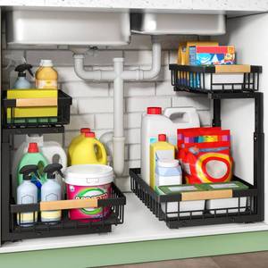 lot 5025 image: Under Sink Organizer, 2 Packs 2 Tier Under Sink Organizers and Storage, Slide out Pull out Cabinet Organizer Shelf, Metal Sliding Drawer for Kitchen Bathroom Pantry Cabinet Closet Organization Rack - Retail $46