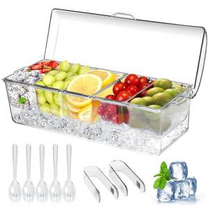 lot 5946 image: Large Ice Chilled Condiment Caddy��Chilled Condiment Containers Server with Lids for 5 Removable Compartments (2.5 cup)��Serving Platters, Fruit & Garnish Tray for Party Supplies & Bar Accessories - Retail $18