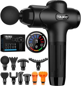 lot 5950 image: TOLOCO Massage Gun Deep Tissue, Percussion Massage Gun with 10 Replacement Heads, Super Quiet Portable Electric Massager for Athletes, Relax, Black - Retail $36