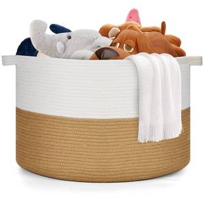lot 5964 image: Ravinte Blanket Basket - 20x 20x 13 Cotton Rope Basket for Living Room, Baby Toy Storage Basket, Large Woven Laundry Basket (White -Brown) - Retail $24