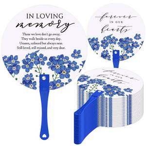 lot 5988 image: Teling 50 Pcs Funeral Favors Fans Memorial Paper Celebration of Life Paper Handheld Parlor Fans with Wooden Handle Hand for Funeral Guests Services Condolence Sympathy Gift Supplies(Forget Me Not) - Retail $18