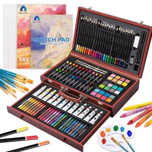 lot 5992 image: Art Supplies, Deluxe Wooden Art Set Crafts Drawing Painting Kit with 12 Watercolor Paints, 12 Brushes, 2 Sketch Pads, 2 Canvas Boards, Palette, Creative Gift for Adults Teens Kids Beginners Girls Boys - Retail $40