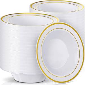 lot 5993 image: Jinei 150 Pieces 6 oz Plastic Bowls with Rim Small Disposable Soup Bowls for Dessert Salad Soup Candy Wedding Thanksgiving Catering Holidays Party Supplies (White,Gold Rim) - Retail $52
