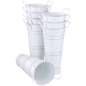 lot 5994 image: HOIGON Set of 8 Galvanized Metal Flower Vases, 9 Inch Rustic Farmhouse French Bucket with Handles,Metal Flower Holder for Weeding, Table, Home Decoration, White - Retail $35