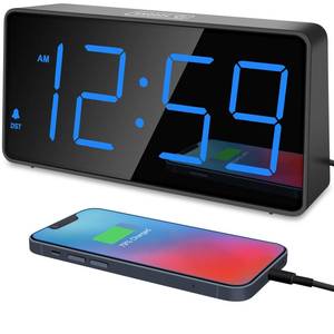 lot 6245 image: Peakeep Digital Alarm Clock for Bedroom Bedside, Loud Alarm Clock for Heavy Sleepers, Large Big LED Numbers for Seniors, Battery Backup Plug in Electric Clock with USB Charger (Blue) - Retail $15