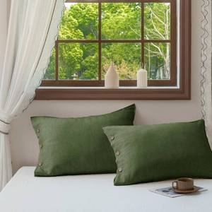 lot 6257 image: EVERLY 100% Linen Pillowcases Set of 2, French Linen from Normandy, 20X30Inch Standard Size, Natural Color, Coconut Buttons Closure, Flax Pillowshams-Pillowcase-Mossy Green - Retail $33