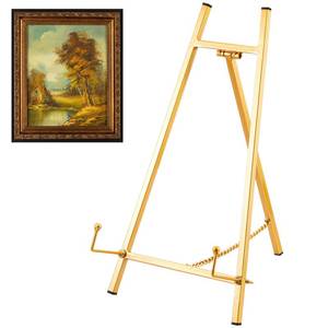 lot 6273 image: Leinuosen 1 Pcs Metal Easel Stand 16.5 H x 8.7 W x 4.3 D Table Top Easel Stand for Display Tripod Art Picture Mirror Modern Plate Holder for Display Book Photo Wedding Sign (Gold) - Retail $28
