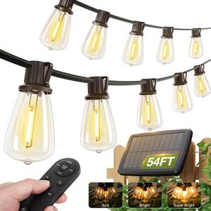 lot 6288 image: addlon 54(486) FT Solar String Lights Waterproof,Patio Lights Solar Powered with Remote & USB Port 151 LED Shatterproof Bulbs 3 Light Modes, Dimmable Solar Light for Camping Backyard Garden - Retail $40