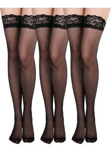 lot 6295 image: 3 Pairs Women Thigh High Stockings Anti-skid Silicone Lace Stockings Silk Stocking Tights for Women and Girls Supplies(Medium,Black) - Retail $10