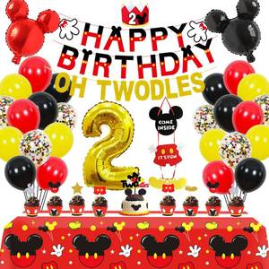 lot 6346 image: 2nd Mouse Birthday Party Supplies Decorations 57Pcs - HAPPY BIRTHDAY Banner OH TWODLES Banner 2 Foil Balloon Balloons Hat Door Sign Cupcake Toppers Birthday Decorations for Boys Girls Kids Babies - Retail $17