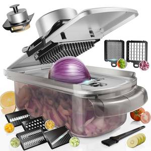 lot 6351 image: Vegetable Chopper Stainless Steel, 9-in-1 Mandoline Food Slicer for Kitchen, Veggie Chopper with Container, Vegetable Cutter for Salad,Potato,Carrot, Onion and Fruit, Home Essentials - Retail $20