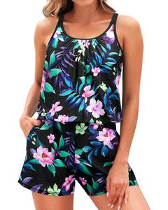 lot 6366 image: Tempt Me Black Purple Floral Romper One Piece Swimsuits with Short - Women Boyleg with Pockets Bathing Suit Modest Swimwear L - Retail $42