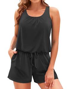 lot 6368 image: Tempt Me Romper One Piece Swimsuits with Short - Women Boyleg with Pockets Modest Bathing Suit 2025 Swimwear Black XL - Retail $40