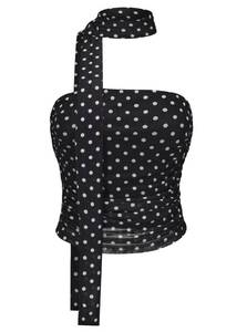 lot 6370 image: Womens Leopard Print Tube Top Cheetah Print Top Ruched Strapless Mesh Halter Tops for Women Going Out Party (Polka Dot Black, Medium) - Retail $20