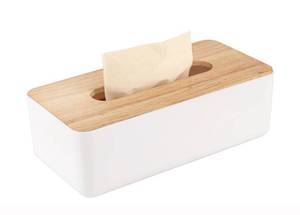 lot 6372 image: Pojah Wooden Rectangular Tissue Box Holder for Storage on Bathroom Vanity, Countertop, Bedroom Dresser (Medium, 10.2x5.1x3.3 inch) - Retail $13