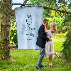 lot 6392 image: Will You Marry Me Woven Blanket Super Soft Throw Blanket, Wedding Proposal Decorations for Outdoor, Proposal Tapestry Will You Marry Me Sign, Ideal for Engagement Party Decorations, 51x71 in. - Retail $50