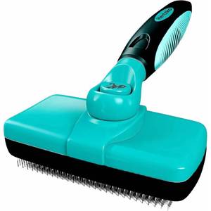 lot 6398 image: Hertzko Dog Brush for Shedding - Self Cleaning Slicker Brush for Dogs and Cats - Gently Removes Loose Hair, Tangles, and Dirt - Grooming Comb Suitable for Long or Short Coats - Aqua - Retail $15
