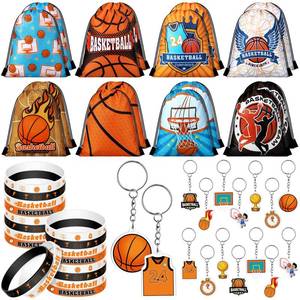 lot 6406 image: Talltalk 48 Pcs Basketball Party Favors Sports Team Gifts 16 Gift Bags Drawstring Backpack Goodie Treat Snack Candy Bags 16 Wristband 16 Keychain for Basketball Birthday Party Supplies Decorations - Retail $24