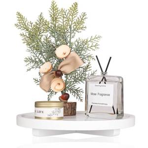 lot 6422 image: Round Decorative Tray Wood Bathroom Counter Organizer Farmhouse Kitchen Decor Wooden Riser for Soap Dish, Perfume, Candle, Sponge, 10 - White - Retail $16