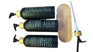 lot 9044 image: ShampooConditionerBody Wash Pump Bottles and Wooden Tray&nbsp