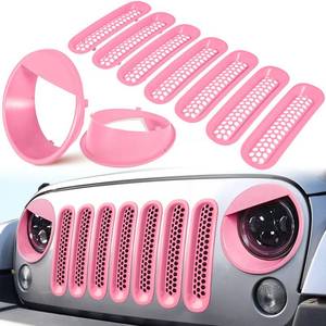 lot 9057 image: Front Grille Mesh Inserts & Headlight Cover for Jeep Wrangler JK JKU Sport Freedom Rubicon Sahara Unlimited 2007-2018 Exterior Accessories Clip-in Grille Guard Headlight Bezels Trim (Matte Pink) - Retail $34