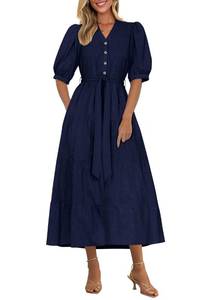 lot 10401 image: PRETTYGARDEN Summer Dresses for Women 2025 Elegant Classy Short Sleeve V Neck Ruffle A Line Belted Long Beach Vacation Dress (Navy,Large) - Retail $50