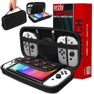 lot 10408 image: Orzly Carry Case Compatible with Nintendo Switch and New Switch OLED Console - Black Protective Hard Portable Travel Carry Case Shell Pouch with Pockets for Accessories and Games - Retail $23