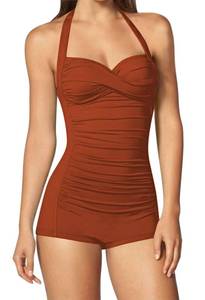 lot 10432 image: Sovoyontee Womens 1 Piece Swimsuit Tummy Control Boyleg Boyshort Rretro Bathing Suit Burnt Orange, Medium - Retail $32