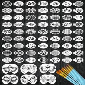 lot 10437 image: 79 Pcs Face Paint Stencils Kits, 69 Pcs Facial Painting Stencils & 10 Pcs Painting Brushes, Face Tracing Stencils Body Paint Templates for Halloween Party Kids Adults Makeup - Retail $16