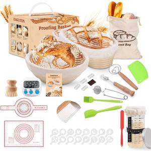 lot 15764 image: Yewhick Complete Sourdough Starter Kit, 10 Oval and 9 Round Banneton Bread Proofing Basket with Glass Sourdough Starter Jar, Sourdough Bread Baking Supplies Kit Gifts for Bakers Women Wife Mom - Retail $43