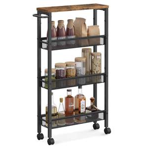lot 15768 image: VASAGLE Slim Rolling Cart, 4-Tier Narrow Storage Cart with Handle, 5.1 Inches Deep, Metal Frame, for Kitchen, Dining Room, Living Room, Home Office, Rustic Brown and Classic Black ULRC032B01V1 - Retail $43