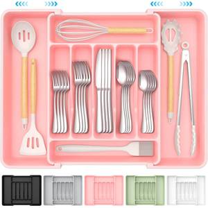 lot 15769 image: ukeetap Extra Large Expandable Silverware Organizer, BPA-Free Food-Safe Cutlery Flatware Organizer, Kitchen Utensil Drawer Organizer, Adjustable Silverware Holder for Spoons Forks Knives, Pink - Retail $13