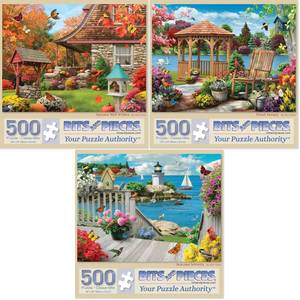 lot 15771 image: Bits and Pieces �� Value Set of Three 500 Piece Jigsaw Puzzles for Adults �� Autumn Well Wishes, Seacost Serenity, Floral Fantasy Jigsaw Puzzles by Artist Alan Giana, Completed Puzzle Size 18 x 24 - Retail $25